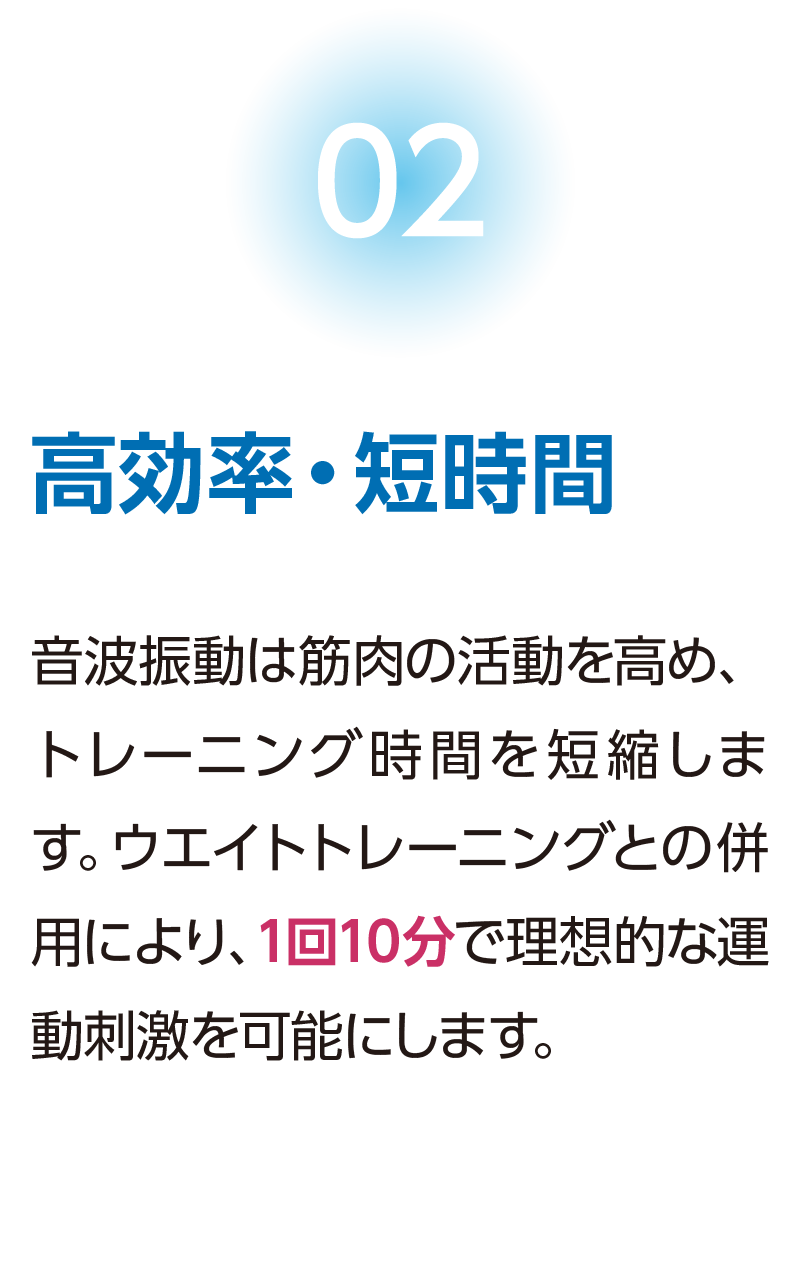 【高効率・短時間】音波振動は筋肉の活動を高め、トレーニング時間を短縮します。ウエイトトレーニングとの併用により、1回10分で理想的な運動刺激を可能にします。